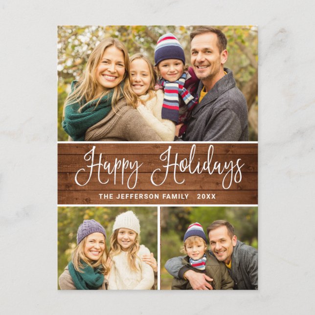 Minimalist Rustic 3 PHOTO Christmas Holiday Boho Postcard (Front)