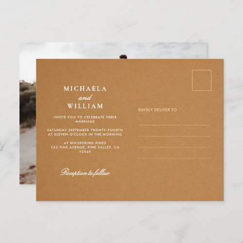 Minimalist Rustic Boho Faux Kraft Photo Wedding Invitation Postcard