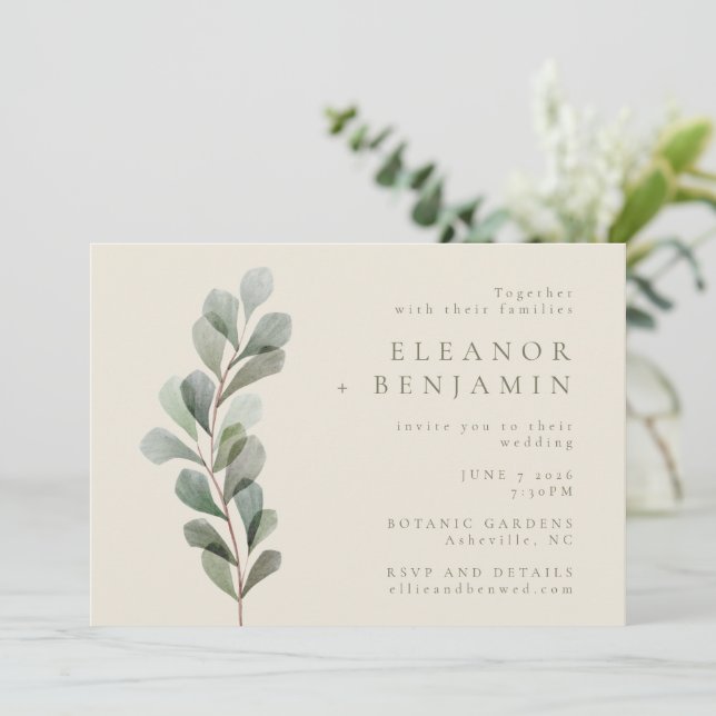 Minimalist Rustic Botanical Greenery Wedding Invitation (Standing Front)