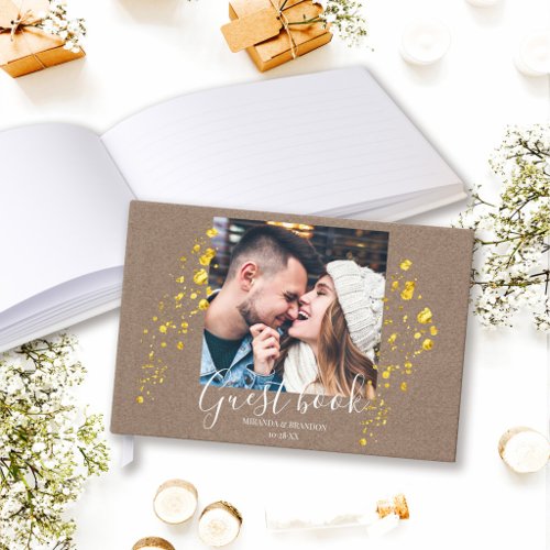 Minimalist Rustic Elegant Gold Foil Photo Wedding Guest Book