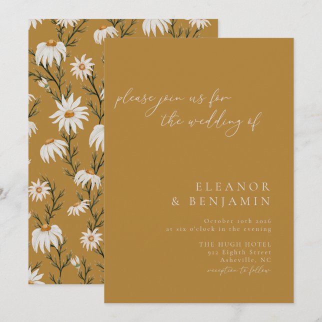 Minimalist Rustic Floral Mustard Yellow Wedding Invitation (Front/Back)