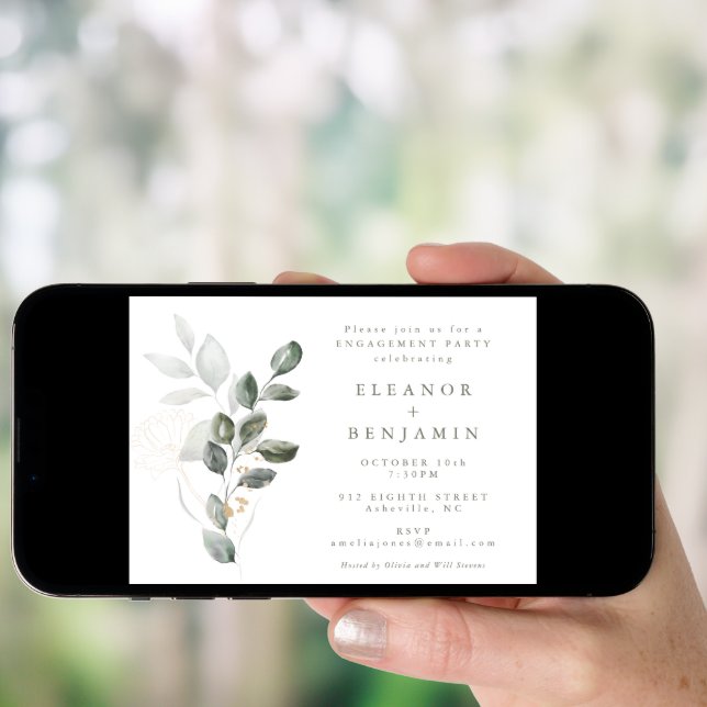 Minimalist Rustic Gold Greenery Engagement Party Invitation (Front Digital)