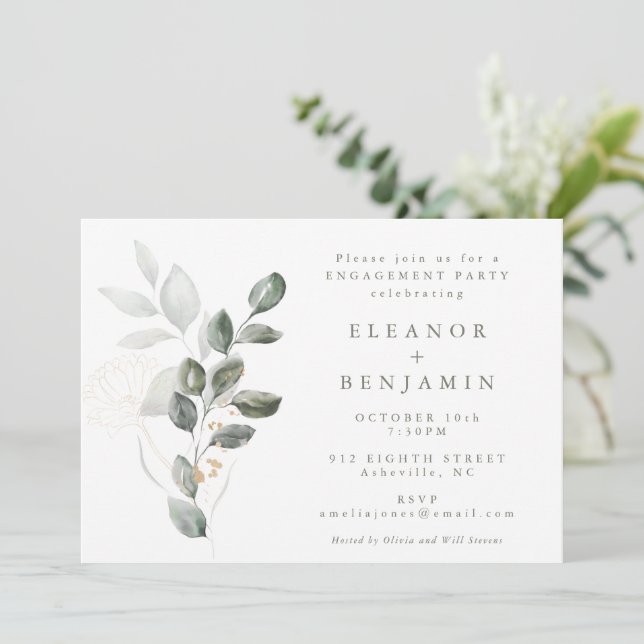 Minimalist Rustic Gold Greenery Engagement Party Invitation (Standing Front)