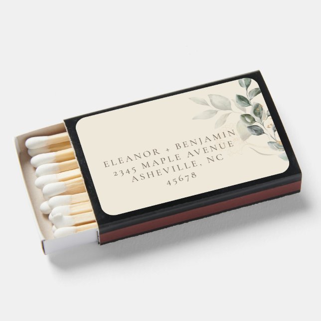 Minimalist Rustic Gold Greenery Return Address  Matchboxes (Front Open)