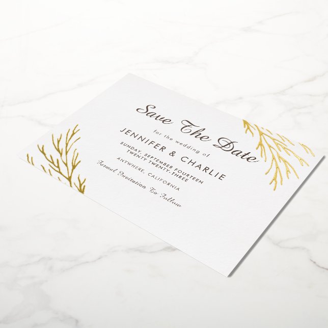 Minimalist Rustic Gold Leaves White Save The Date Foil Invitation (Rotated)