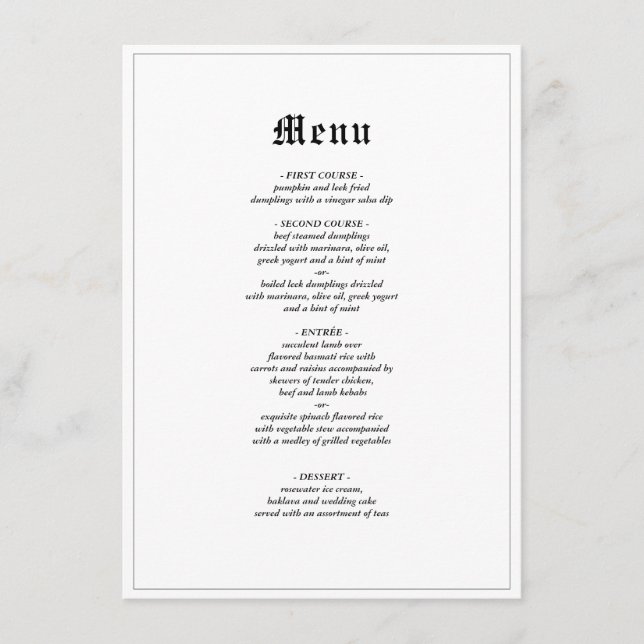 Minimalist Rustic Gothic Elegant Wedding Dinner  Menu (Front)