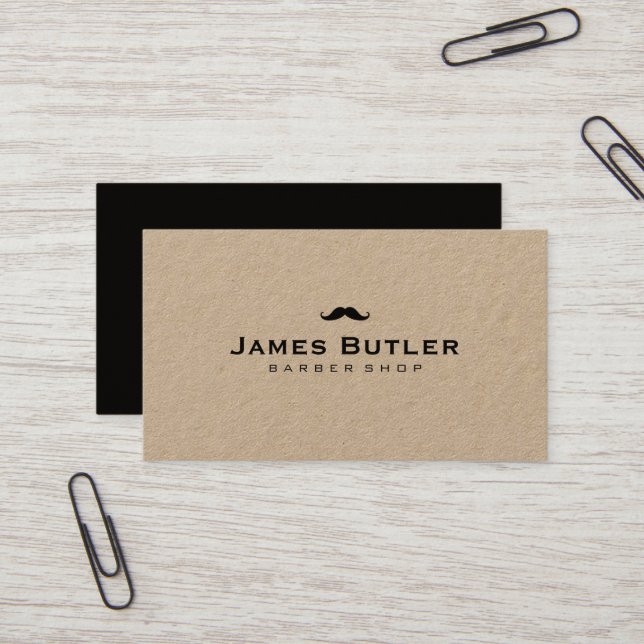 Minimalist Rustic Kraft Barber Shop Mustache Business Card (Front/Back In Situ)