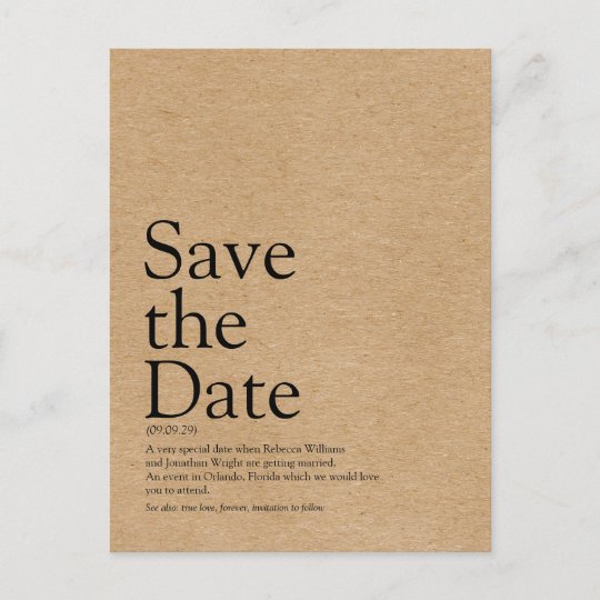 Minimalist Rustic Kraft Save the Date Definition Announcement Postcard