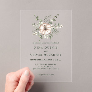 Minimalist Rustic Pumpkin and Green Leaves Wedding Acrylic Invitations