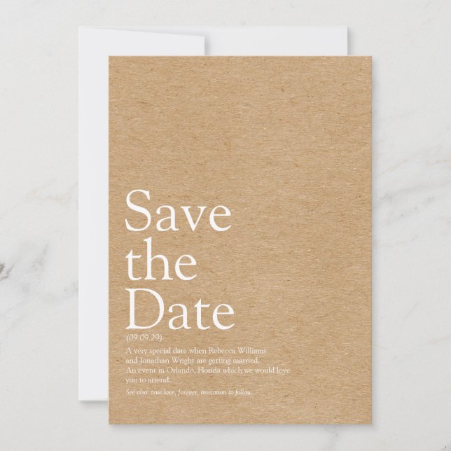 Minimalist Rustic Save the Date Definition (Front)