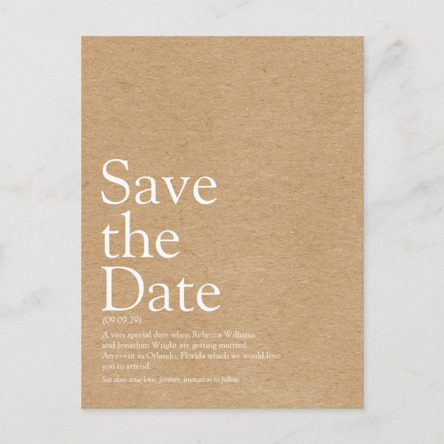 Minimalist Rustic Save the Date Definition Postcard (Front)