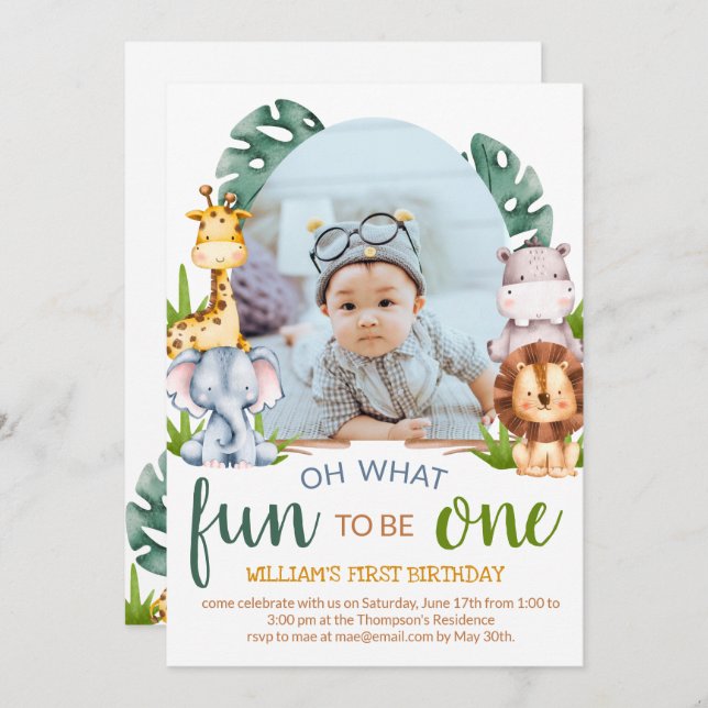 Minimalist Safari Animal Theme Photo Birthday Invitation (Front/Back)