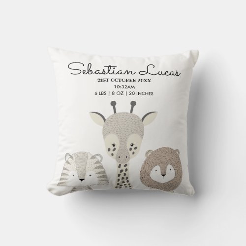 Minimalist Safari Jungle Birth Stats Modern Throw Pillow