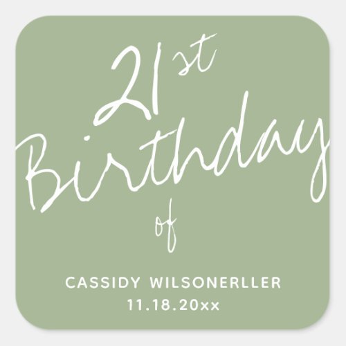 Minimalist Sage 21st Birthday Square Sticker