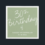 Minimalist Sage 30th Birthday Napkins<br><div class="desc">Modern 30th birthday party paper napkins with a minimalist typography design. These napkins have a sage and white color scheme. Simply add your information,  add these napkins to your cart,  then enjoy this milestone birthday!

Minimalist Sage 30th Birthday Napkins
Holidayday Design  |  Melissa Patton - Designer</div>