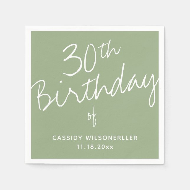 Minimalist Sage 30th Birthday Napkins (Front)