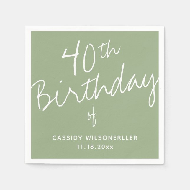 Minimalist Sage 40th Birthday Napkins (Front)