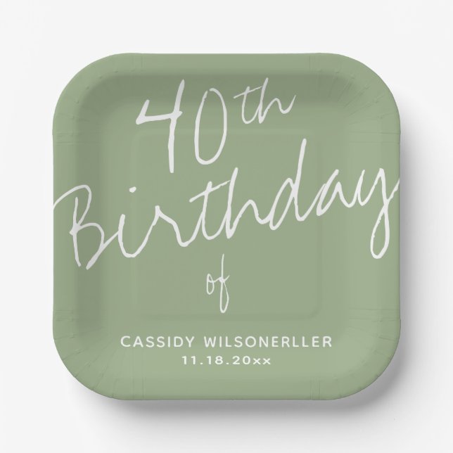 Minimalist Sage 40th Birthday Paper Plates (Front)