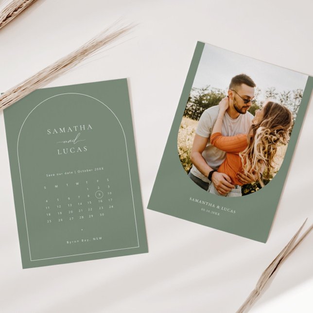 Minimalist sage arch photo calendar Save the Date Invitation (Creator Uploaded)