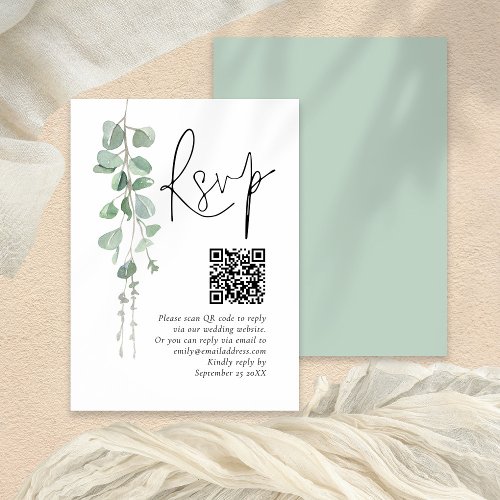 Minimalist Sage Eucalyptus QR Code Wedding RSVP Enclosure Card