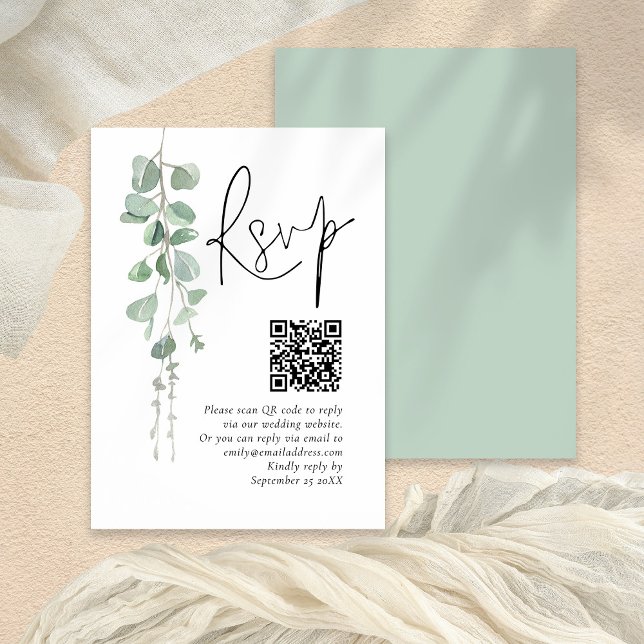 Minimalist Sage Eucalyptus QR Code Wedding RSVP Enclosure Card (Front and back view)