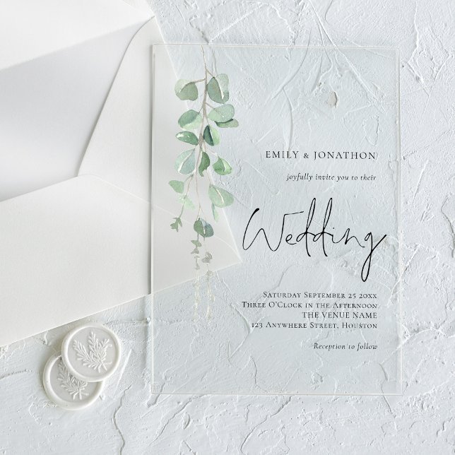 Minimalist Sage Eucalyptus Script Wedding Acrylic Invitations (Creator Uploaded)