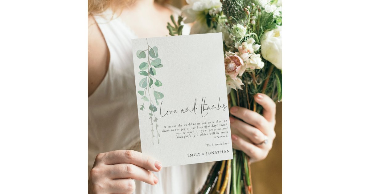 Minimalist Sage Eucalyptus Wedding Love Thanks Thank You Card | Zazzle