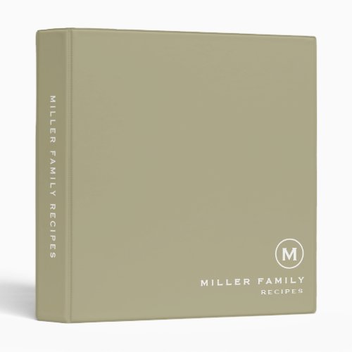 Minimalist Sage Family Monogram Recipe 3 Ring Binder