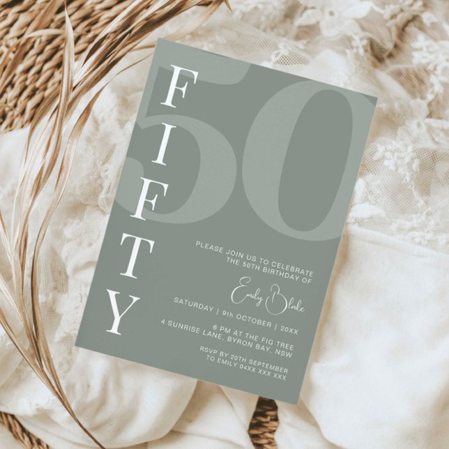 Minimalist Sage Fifty 50th Birthday Party Invitation (Creator Uploaded)