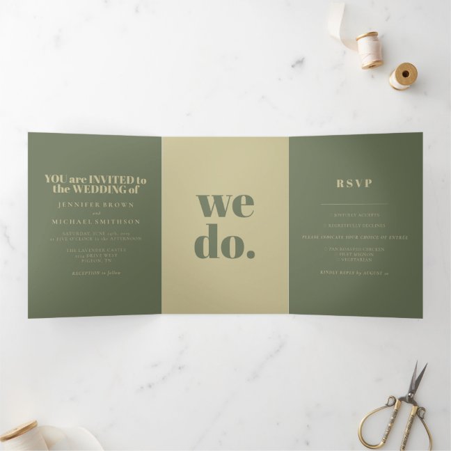 Minimalist Sage Gold Formal Wedding Tri-Fold Card