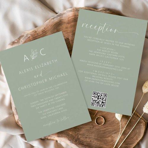 Minimalist Sage Green All In One Wedding QR Code Invitation