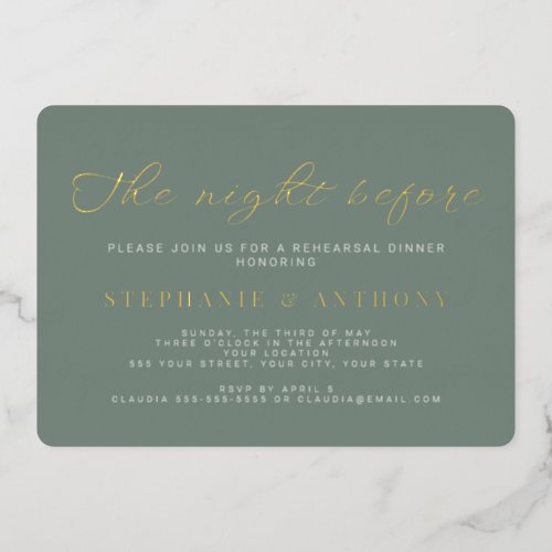 Minimalist Sage Green and Gold The Night Before  Foil Invitation