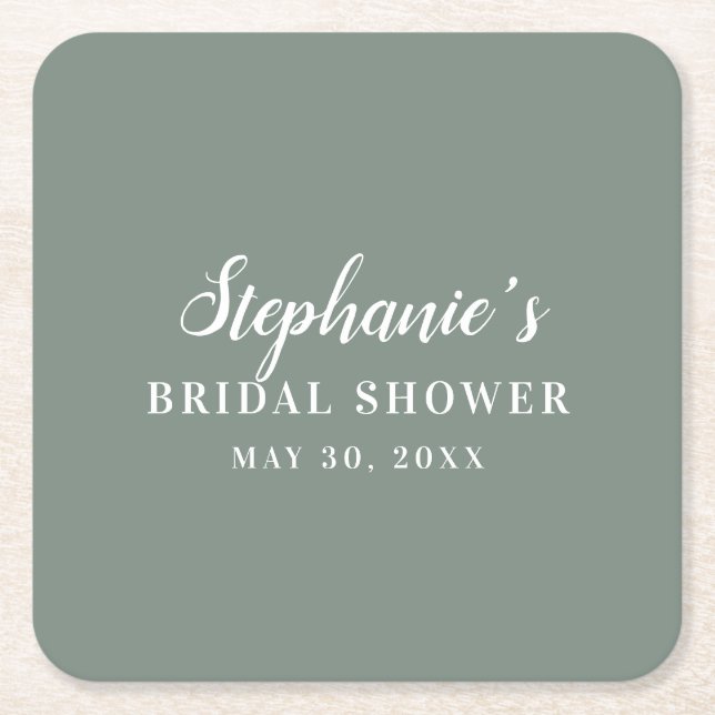 Minimalist Sage Green and White Bridal Shower      Square Paper Coaster (Front)