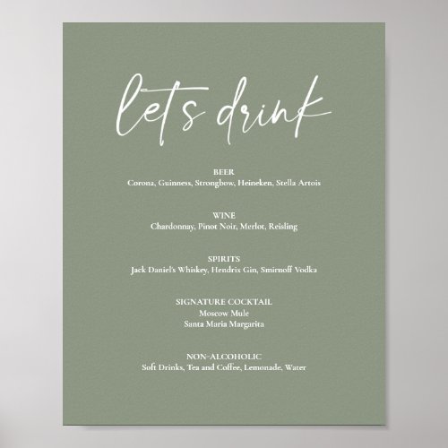 Minimalist Sage Green Boho Wedding Drink Bar Menu Poster