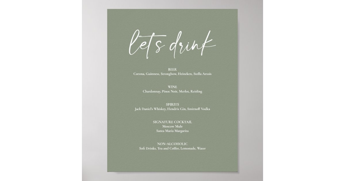Minimalist Sage Green Boho Wedding Drink Bar Menu Poster Zazzle