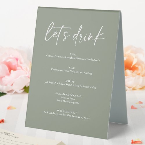 Minimalist Sage Green Boho Wedding Drink Bar Menu Table Tent Sign