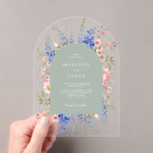Minimalist Sage Green Boho Wildflower Wedding Acrylic Invitations