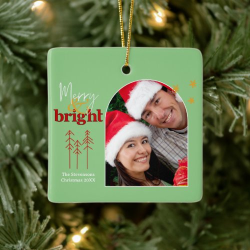 Minimalist Sage Green Bold Cute Photo Christmas Ceramic Ornament