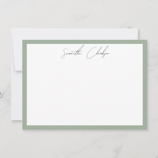Minimalist Sage Green Border Handwritten Script Note Card (Front)