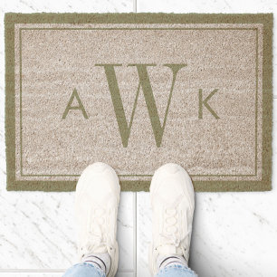 Minimalist Sage Green Border Modern Monogram Fiber Doormat