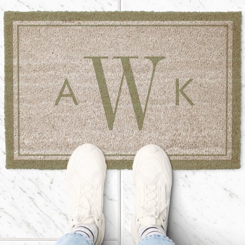 Minimalist Sage Green Border Modern Monogram Fiber Doormat