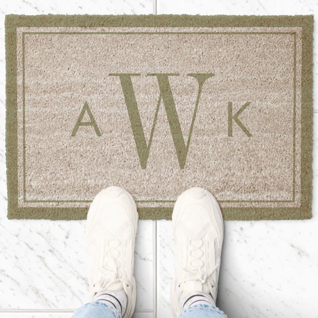 Minimalist Sage Green Border Modern Monogram Fiber Doormat (Creator Uploaded)