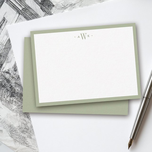 Minimalist Sage Green Border Modern Monogram Note Card (Creator Uploaded)