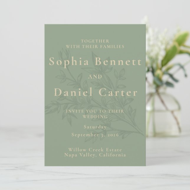 Minimalist Sage Green Botanical Wedding  Invitation (Standing Front)