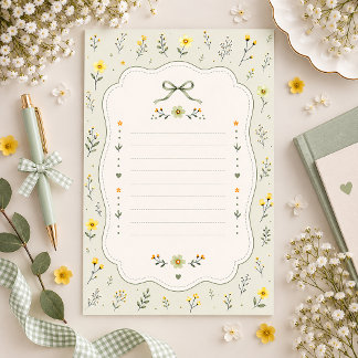 Minimalist Sage Green Bow and Elegant Floral Lined Stationery