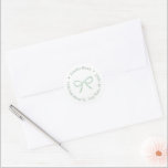 Minimalist Sage Green Bow Christmas Return Address Classic Round Sticker<br><div class="desc">This simple and flexible sticker design features a single sage green bow (you can actually change the color of the bow inside the design tool) with circular text in a darker co-ordinating shade of green. Shown here for a return address label but all of the text fields are flexible to...</div>