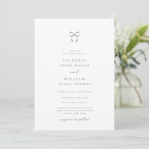 Minimalist Sage Green Bow Wedding Invitation