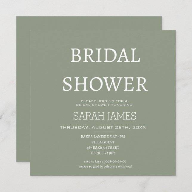 Minimalist Sage Green Bridal Shower Square  Invitation (Front/Back)