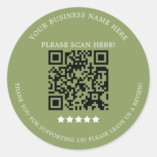 Minimalist Sage Green Business Name QR Code Classic Round Sticker
