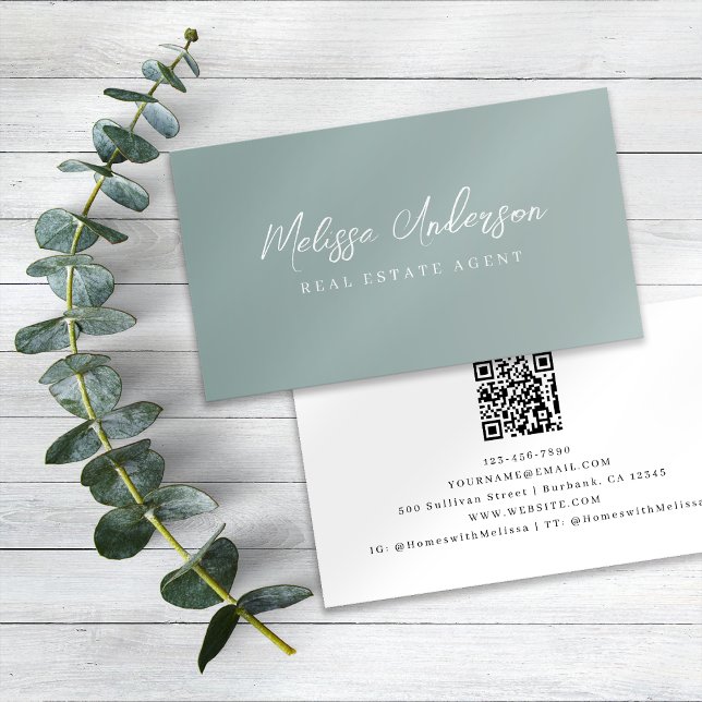 Minimalist Sage Green Calligraphy QR Code Business Card (Creator Uploaded)